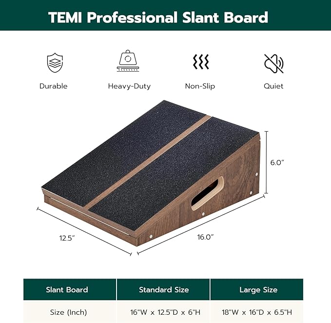 TEMI Calf Stretcher Slant Board - Professional Incline Board for Calf Stretching Heavy Duty, Adjustable Wooden Stretch Wedge Board for Foot Ankle and Calf Stretching Exercise Teak Finished