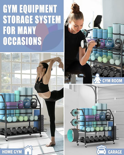 Yoga Mat Storage Rack, Home Gym Workout Accessories Organizer, Sporting Goods Storage with Baskets and Hooks, Yoga Mats, Dumbbell, Resistant Band, and other Workout Equipment Holder