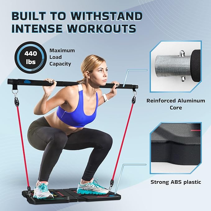 BlueClouds Push Up Board and Pilates Bar Kit - Color Coded Foldable Pushup Board Fitness Tool - Reinforced Aluminum Resistance Band Bar - At Home Gym Accessories for Men and Women - Portable Gym