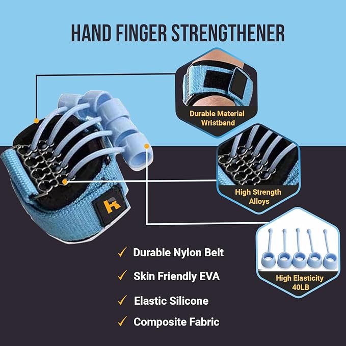 Hand Finger Strengthener by Rapid Fingers - Hand Extensor Exercise Equipment, 40lb Resistance Band Finger Strengthener – for Climbing, Guitar, Gaming. One-Size Fits all.