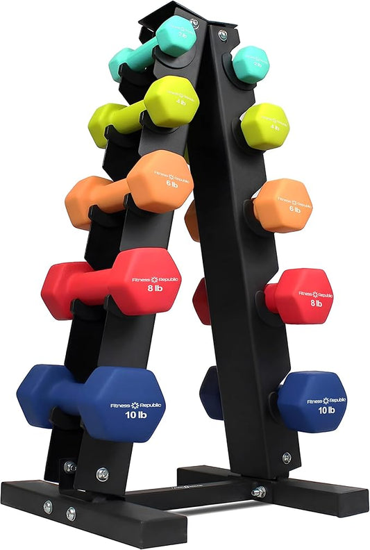 Neoprene Workout Dumbbell set with Rack 2.00MM - Non Slip, Anti Roll & Hex Shape - Fitness Dumbbells Combo, Space Saving Ideal for Home and Gym training