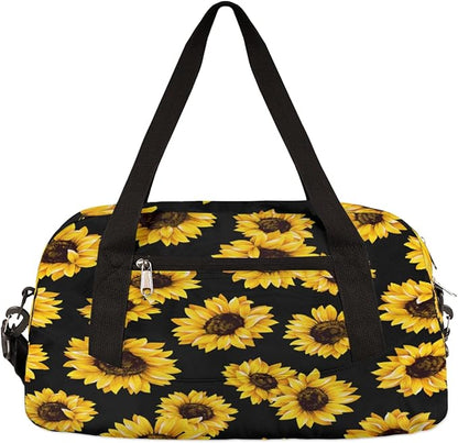 Summer Floral Sunflower Black Gym Bag for Women Men, Small Travel Duffel Bag for Sports Getaway Overnight Bag Lightweight Weekender Bags Workout Bag Dance Bag for Boys Girls Kids Teens