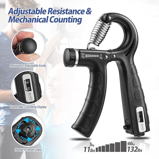 2 Pack Grip Strength Trainer with Counter, Hand Grip Strengthener, Adjustable Resistance 11-132Lbs (5-60kg), Forearm Strengthener, Perfect for Athletes and Hand Injury Recovery