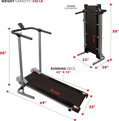 Sunny Health & Fitness Manual Walking Treadmill, Non-Electric, Foldable & Compact Design, Quiet Tread Pad, Transportation Wheels, Non-Slip Handlebars, Digital Monitor for Apartment, Gym, Home Office