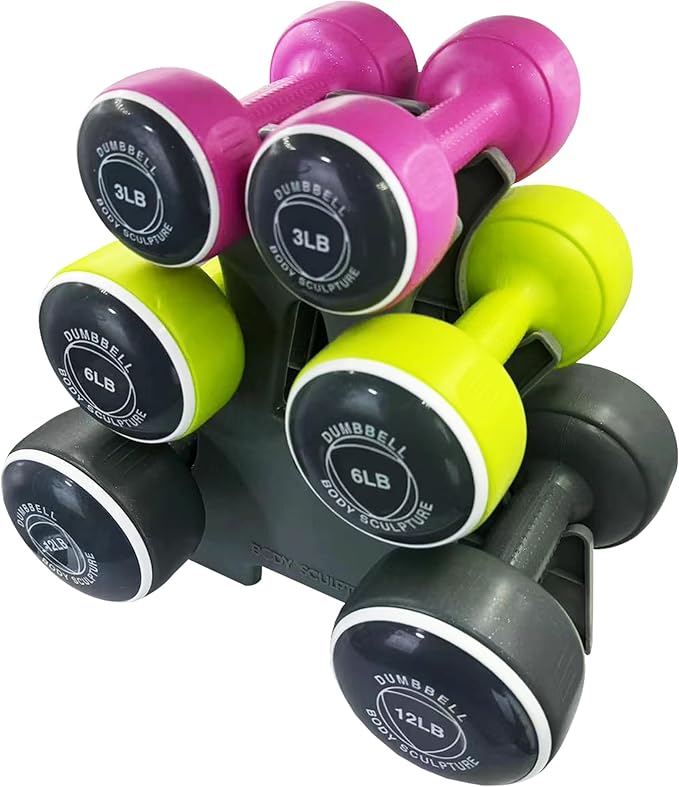 Body Sculpture weights set Free‑Weight Dumbbell Set with Rack Set includes 3, 6 and 12 lb weights ideal for men and women for small and large muscle groups