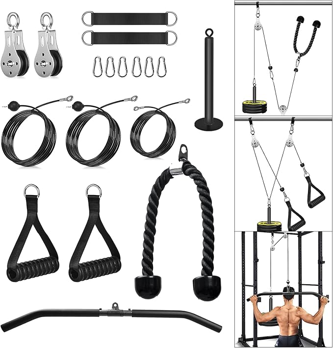 Cable Pulley System Home Gym, Fitness Gym Equipment for Home with Handle Triceps Rope Lat Pull Down Bar, Weight Pulley System Exercise for Biceps Tricep Arm Shoulder Back