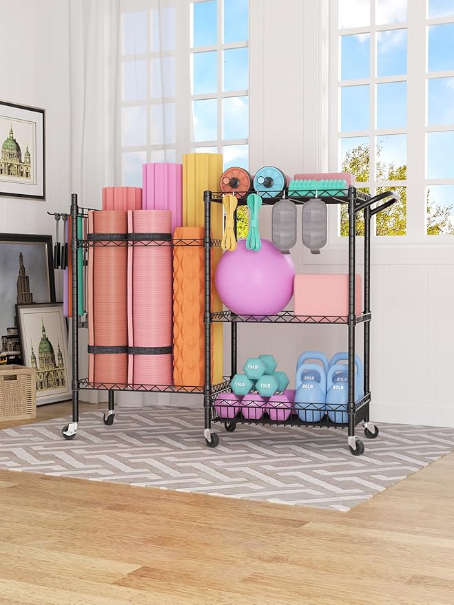 SINGAYE Dumbbell Rack, Balls Workout Equipment Storage Organizer Yoga Mat with Hooks basketball holder weight and Wheels for Organizing Workout Room, Home Gym Storage Black