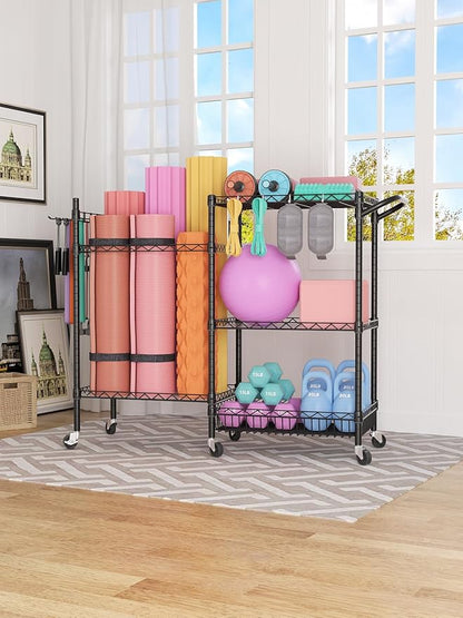 SINGAYE Dumbbell Rack, Balls Workout Equipment Storage Organizer Yoga Mat with Hooks basketball holder weight and Wheels for Organizing Workout Room, Home Gym Storage Black