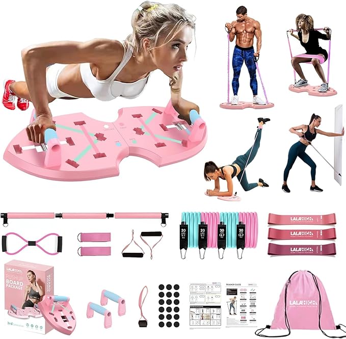 LALAHIGH Portable Home Gym System for Men and Women:Push Up Board, Pilates Bar & 20 Fitness Accessories with Resistance Bands and Ab Roller Wheel-Professional Strength Training Exercise