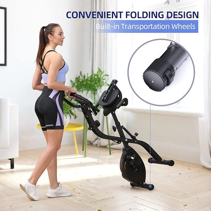 Foldable Exercise Bike Stationary Bike, Sportneer 4 in 1 Indoor Cycling Bike with 16 Level Magnetic Resistance Training Bike with Arm Resistance Band PVC Floor Mat Fitness Bike for Home Gym Workout