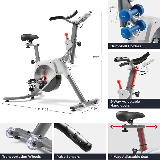 Sunny Health & Fitness Indoor Stationary Cycling Exercise Bike for Home Cardio Workout, 4-Way Adjustable & Cushioned Seat, Optional Magnetic Resistance & Exclusive SunnyFit App Enhanced Bluetooth Link