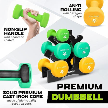 Yes4All Neoprene Coated Dumbbell Hand Weight Sets - Multiple Weight Options with Rack, Anti-roll, Anti-Slip, Hexagon Shape