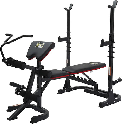 Signature Fitness Multifunctional Workout Station Adjustable Workout Bench with Squat Rack, Leg Extension, Preacher Curl, and Weight Storage, 800-Pound Capacity