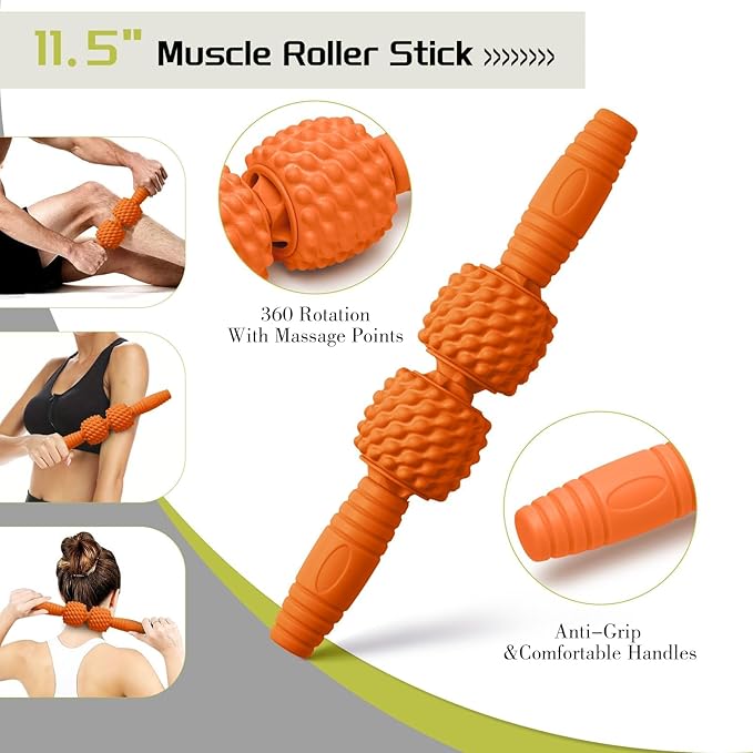 5-in-1 Foam Roller Set, Massage Roller Stick, Massage Ball, Resistance Band for Deep Muscle Massage, Trigger Point Release, Pilates, Yoga (Orange)