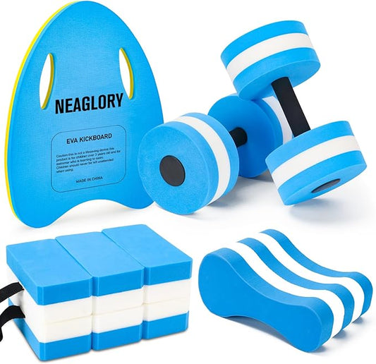 NEAGLORY 5 Pieces Water Aerobics Set Aquatic Exercise Set Pool Fitness Equipment Foam Water Dumbbell, Swim Kickboard, Pull Buoy, Aquatic Swim Belt for Water Exercise