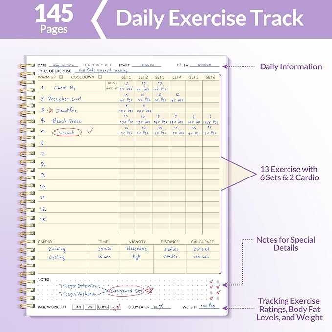 Fitness Journal Workout Planner for Men & Women, A4(8.5" x 11") Workout Journal Log Book Planner for Track Gym Essentials, Home Workouts, Track Progress, Achieve Goals, Purple