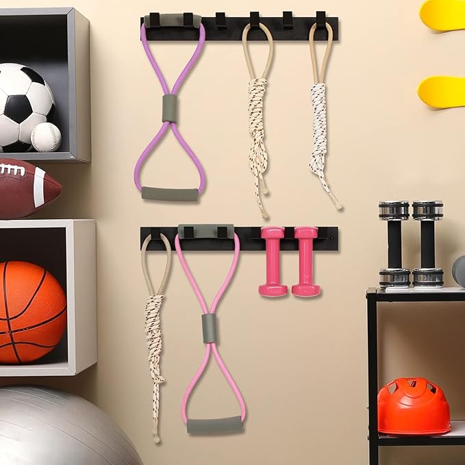 MyGift Black Metal Gym Equipment Rack, Wall Mounted Exercise and Fitness Accessories Organizer Hanging Rack with 6 Hooks for Resistance Bands, Jump Ropes, and Weight Belts