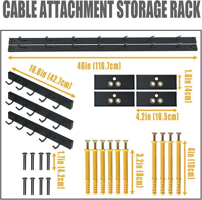 Wall Mounted LAT Pull Down Bar Organizer with Hooks, Home Gym Attachment Storage Rack for LAT Pulldown Attachments, Cable Attachment Rack for Gym Accessories