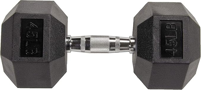 Signature Fitness Rubber Encased Hex Dumbbell, 45LB Single