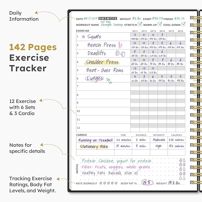 Fitness Workout Journal for Women & Men, A5(5.5" x 8.2") Workout Log Book Planner for Tracking, Progress, and Achieving Your Wellness Goals - Black(New)