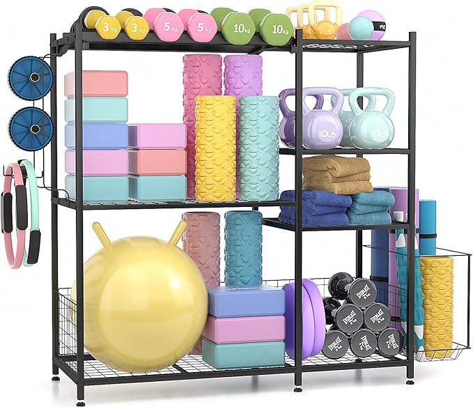 Large Home Gym Storage for Dumbbells Kettlebells Yoga Mat and Balls, Size adjustable Dumbbell Rack, All in One Workout Storage with Hooks, Weight Capacity 550 lbs