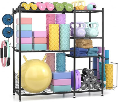 Large Home Gym Storage for Dumbbells Kettlebells Yoga Mat and Balls, Size adjustable Dumbbell Rack, All in One Workout Storage with Hooks, Weight Capacity 550 lbs