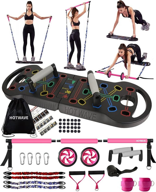 HOTWAVE Portable Exercise Equipment with 16 Gym Accessories.20 in 1 Push Up Board Fitness,Resistance Bands with Ab Roller Wheel,Full Body Workout at Home