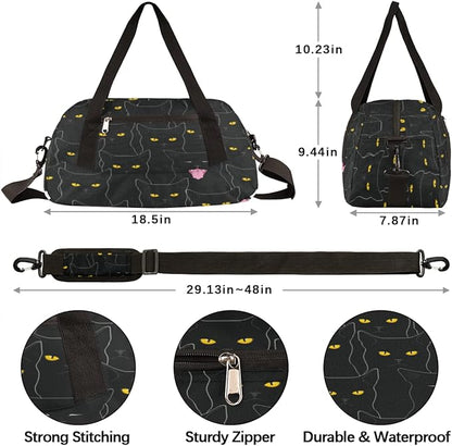 Black Cat Animal Pattern Gym Bag for Women Men, Small Travel Duffel Bag for Sports Getaway Overnight Bag Lightweight Weekender Bags Workout Bag Dance Bag for Boys Girls Kids Teens