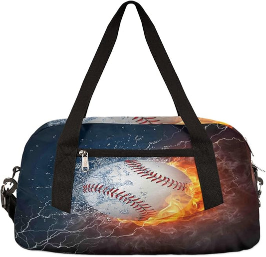 Sport Baseball In Fire Water Gym Bag for Women Men, Small Travel Duffel Bag for Sports Getaway Overnight Bag Lightweight Weekender Bags Workout Bag Dance Bag for Boys Girls Kids Teens