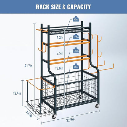 Weight Rack for Dumbbells, Yoga Mat Storage Rack Home Gym Equipment Storage Rack Cart for Dumbbells Kettlebells Yoga Mat, All in One Workout Equipment Storage Organizer Cart with Wheels and Hooks