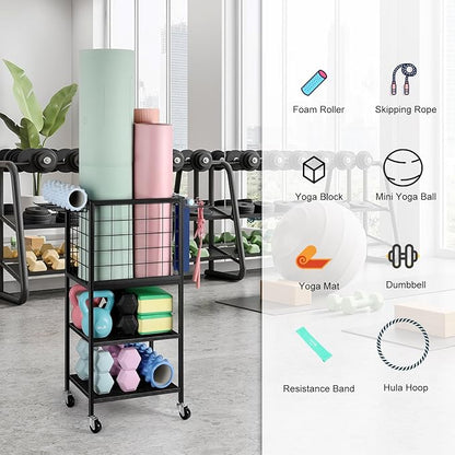 ETELI Weight Rack for Home Gym Dumbbells Yoga Mat Storage Rack Cart Small Metal Wood Home Gym Workout Equipment Storage with Hooks for Yoga Block Foam Rollers Resistance Bands