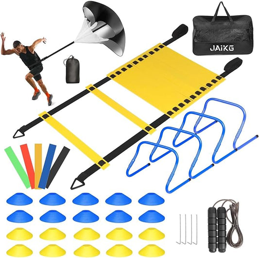 Agility Ladder Football Training Equipment Set 20ft 12 12 Rungs 4 Hurdles, 20 Cones, 5 Resistance