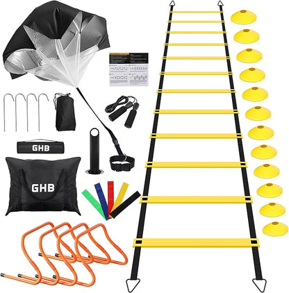 GHB Agility Ladder Set,4 Agility 20 feet12 feet12 Rungs Ladder,12 Disc 4 Resistance