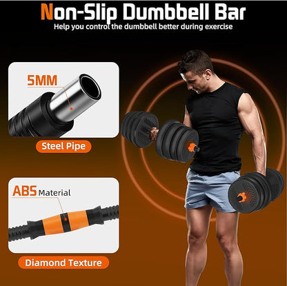 4 in 1 Adjustable Dumbbell Set with Connecting Rod Used as Barbell, Kettlebells, Push up Stand, Fitness Exercises for Home Gym, Orange