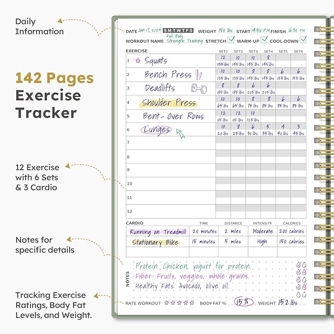 Fitness Workout Journal for Women & Men, A5(5.5" x 8.2") Workout Log Book Planner for Tracking, Progress, and Achieving Your Wellness Goals - Green