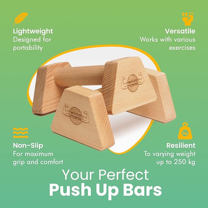 WOODPOWER® - PowerBars, Wooden Parallettes Push Up Bars, Joint-Friendly Beech Wood Calisthenics Equipment for Home, Durable Handstand Trainer Push Up Handles for Floors, XS, Set of 2