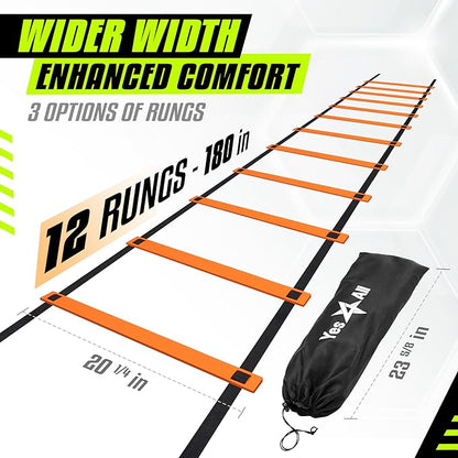 Yes4All Speed Training Equipment Set: 15ft Agility Ladder, Resistance Parachute, 5 Agility Hurdles, 12 Disc Cones with Carry Bag/Strap