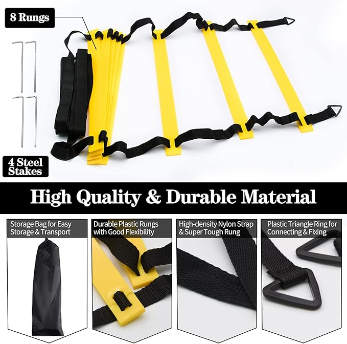 Agility Ladder Speed Training Set, Agility Ladder with Disc Cones, Steel Stakes, Carry Bags and Holder, Exercise Ladder Equipment for Football Basketball Exercise Sports