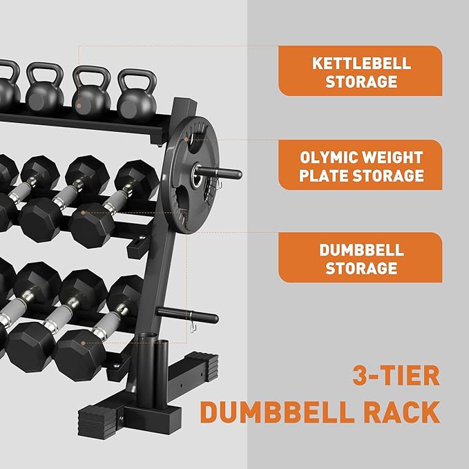 Holleyweb 3 Tier Dumbbell Weight Rack, Dumbbell Rack Stand Only,Adjustable Width Weight Rack for Dumbbells, Suitable for Storage of Weight Plates, Kettlebell and Dumbbell