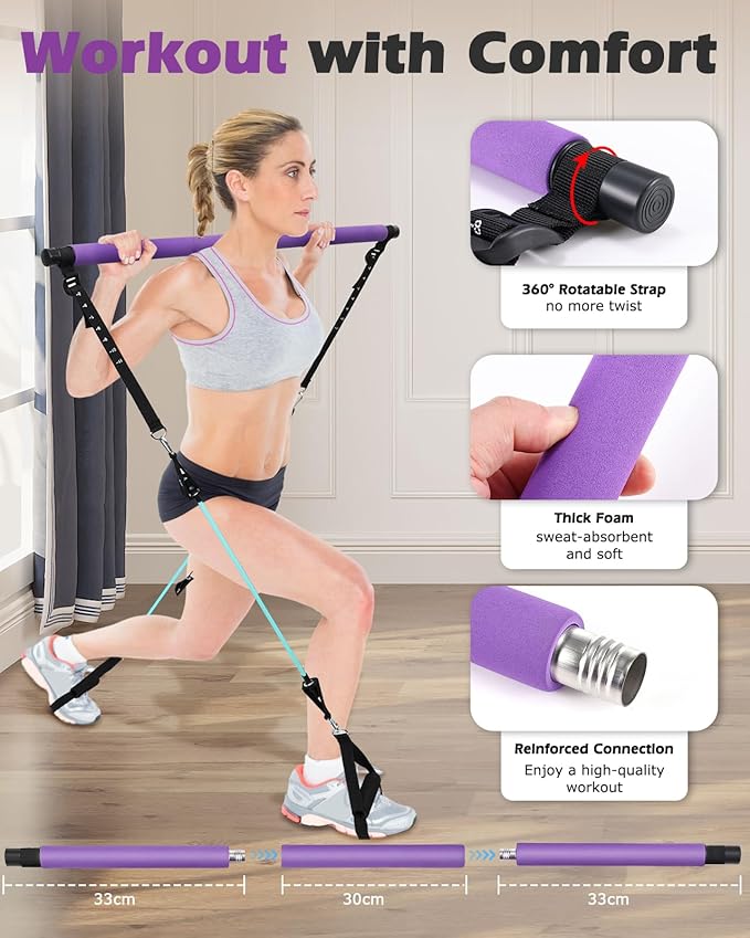 Zacro Pilates Bar Kit with Resistance Bands, 3-Section Pilates Bar with Adjustable Strap, Door Anchor, Handles and Foot Strap, Portable Home Gym Pilates Resistance Bar Kit for Full Body Workouts