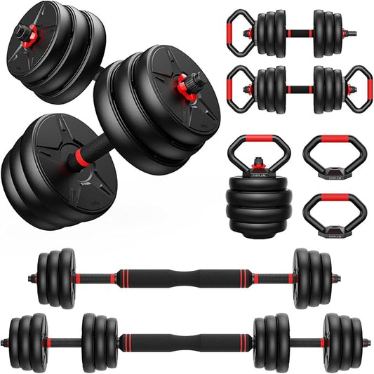 Adjustable dumbbell set, 55lbs Free Weights set with upgraded nut, 4 in 1 Weight Set Used as Kettlebells, Barbell, Push up Stand, Fitness Exercise for Home Gym Suitable Men/Women