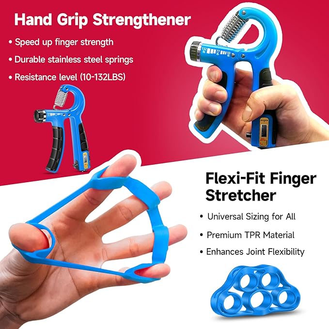 FitBeast Hand Grip Strengthener Workout Kit (5 Pack), 2 Forearm Grip Adjustable Resistance Hand Gripper, Finger Stretcher, Grip Ring & Stress Relief Grip Ball for Athletes