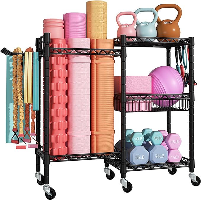 S2 Home Gym Storage, Rolling Yoga Mat Storage and Organizer, Sport Equipment Rack for Dumbbells, Kettlebells, Foam Rollers, Resistance Bands, 11.8" D x 36" W x 32.5" H, Black