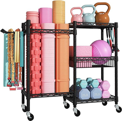 S2 Home Gym Storage, Rolling Yoga Mat Storage and Organizer, Sport Equipment Rack for Dumbbells, Kettlebells, Foam Rollers, Resistance Bands, 11.8" D x 36" W x 32.5" H, Black