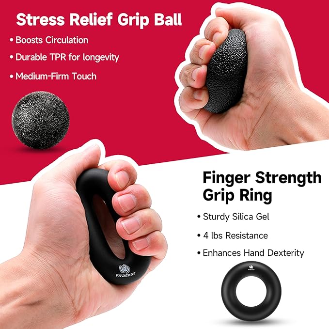 FitBeast Hand Grip Strengthener Workout Kit (5 Pack), 2 Forearm Grip Adjustable Resistance Hand Gripper, Finger Stretcher, Grip Ring & Stress Relief Grip Ball for Athletes