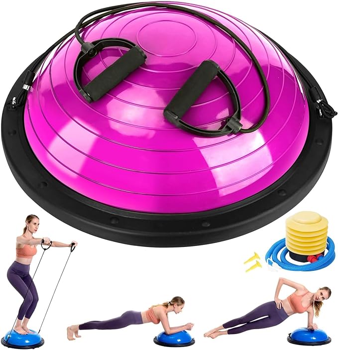 Half Balance Ball Trainer, Half Yoga Exercise Ball with Resistance Bands and Foot Pump, Balance Trainer for Stability Training, Strength Exercise Fitness, Home Gym Workout Equipment