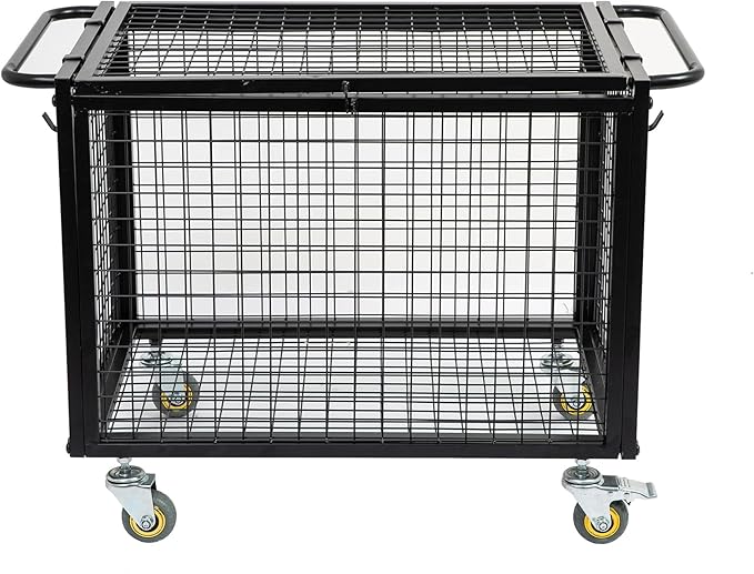 Metal Basketball Rolling Cart Sports Equipment Storage Wheel Basket Matte Black Athletic Lockable Cage with Raised Handle Gym Home Garage School Court Field Football Soccer Ball Volleyball Bat