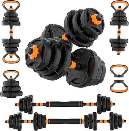 Adjustable Weight Dumbbell Set - 4 in 1 Free Weight Set with Connector - Dumbbells, Barbells, Kettlebells, Push-Up Bars for Full Body Workout and Muscle Toning