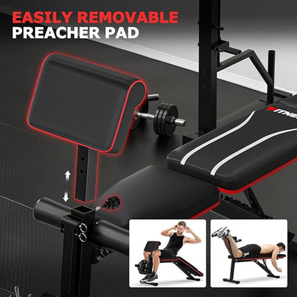 Adjustable Weight Bench, Bench Press with Leg Extension & Preacher Pad,Foldable Workout Bench for Home Gym, Incline Benches with Extra Headrest, Sit Up Benches for Home,Strength Training Exercise Bench for Full Body 800LBS