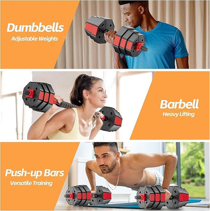 Adjustable Dumbbells Set,20lbs/30lbs/50lbs Weight Plate with Connector Used as Barbell, Fitness Strength Exercises for Home Gym, Red